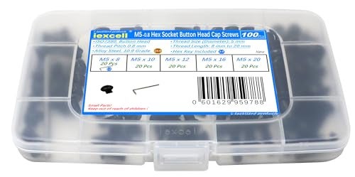 iexcell 100 Pcs M5 x 8/10/12/16/20 Alloy Steel 10.9 Grade Hex Socket Button Head Cap Screws Bolts Assortment Kit, Black Oxide Finish - Image 2