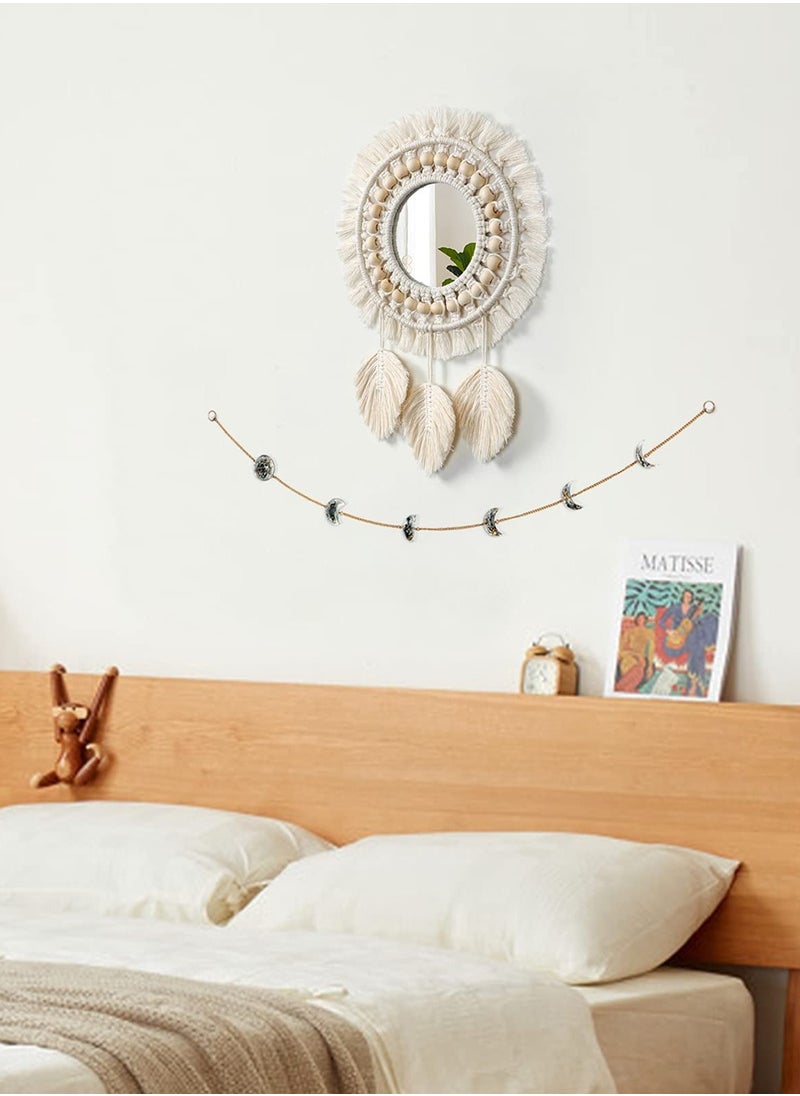Boho Macrame Fringe Round Decorative Mirror with Wood Beads Feather Pendant - Ivory Hanging Wall Mirror for Home Décor and Gifts