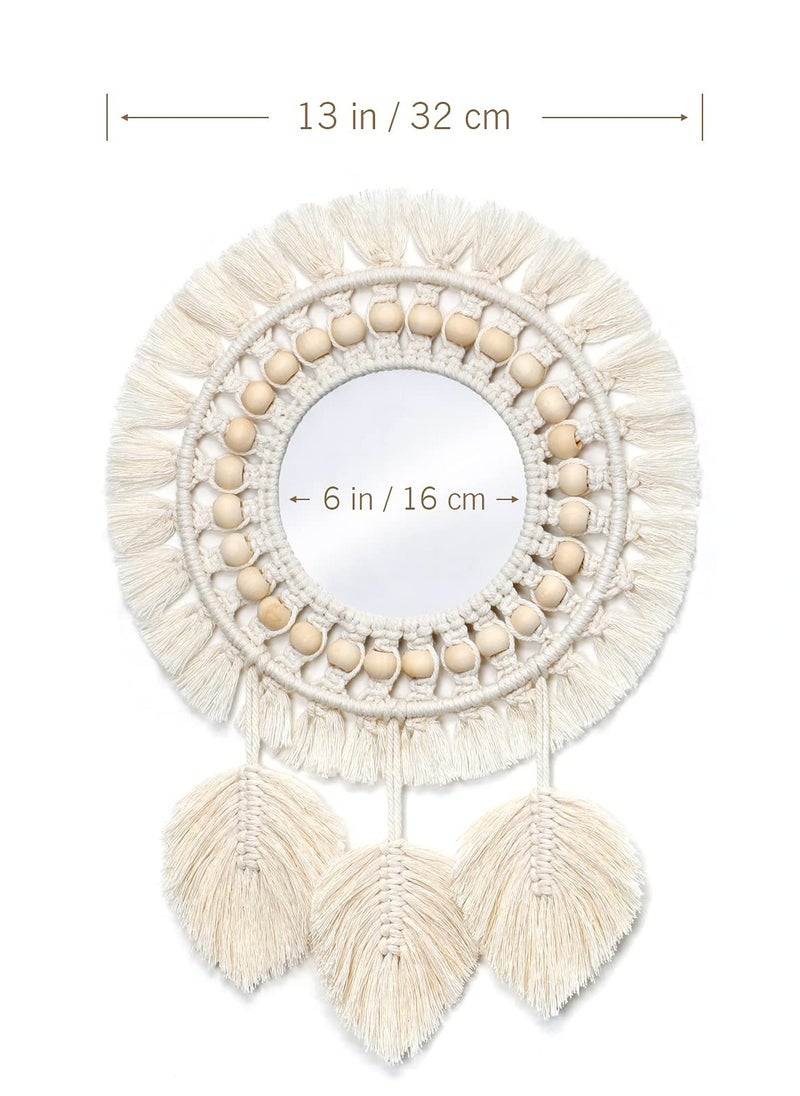 Boho Macrame Fringe Round Decorative Mirror with Wood Beads Feather Pendant - Ivory Hanging Wall Mirror for Home Décor and Gifts