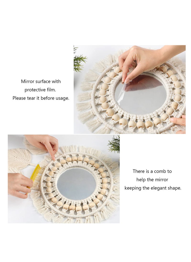 Boho Macrame Fringe Round Decorative Mirror with Wood Beads Feather Pendant - Ivory Hanging Wall Mirror for Home Décor and Gifts