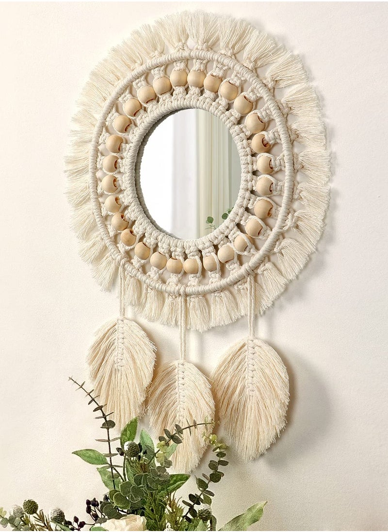 Boho Macrame Fringe Round Decorative Mirror with Wood Beads Feather Pendant - Ivory Hanging Wall Mirror for Home Décor and Gifts