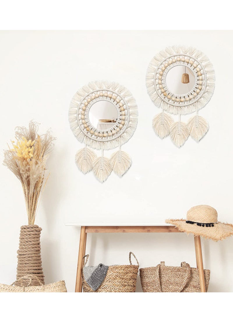 Boho Macrame Fringe Round Decorative Mirror with Wood Beads Feather Pendant - Ivory Hanging Wall Mirror for Home Décor and Gifts