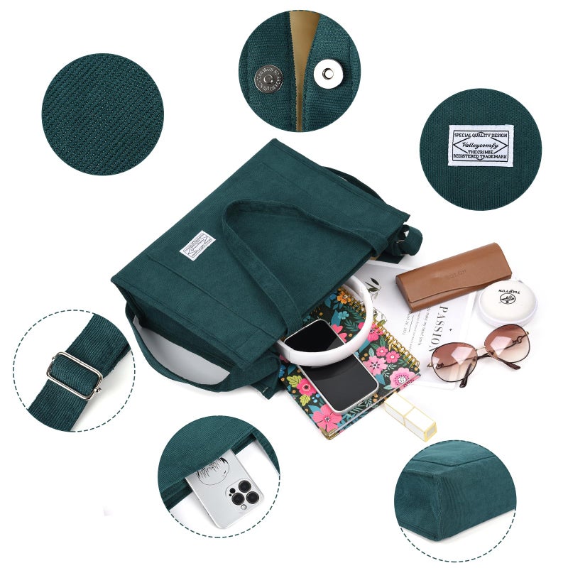 Valleycomfy Vintage Casual Corduroy Tote Bags Crossbody Bag Purse for Women Travel Shoulder Bags Handbags Eco Bag,Green,Large - Image 3