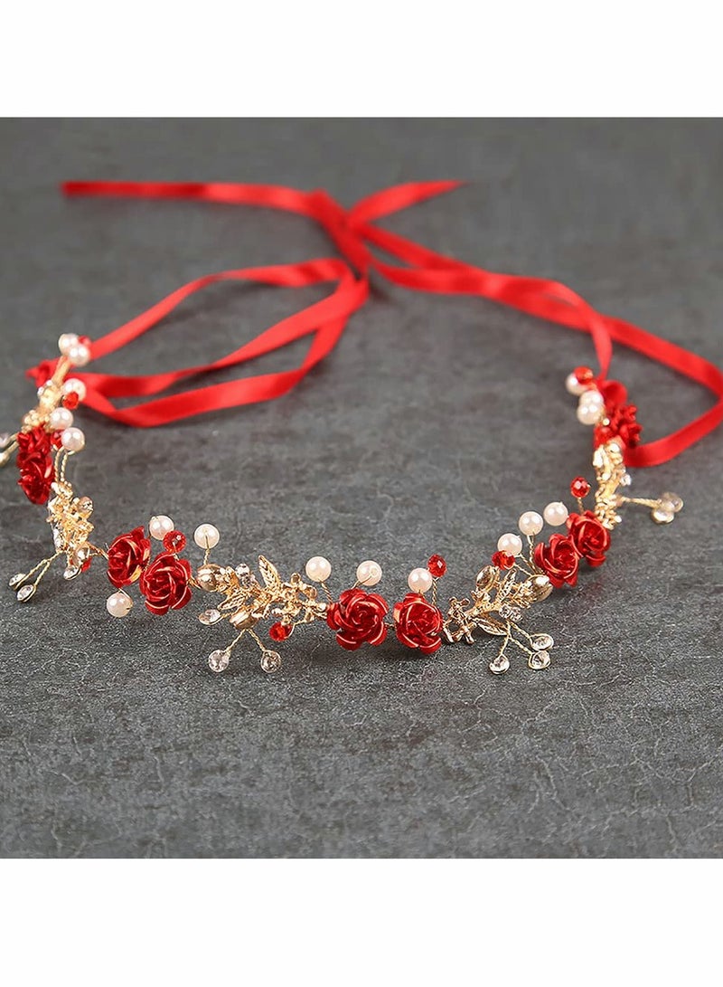 Excefore Red Crystal Headband,Princess Flower Headpiece,Bridal Wedding Queen Crowns and Tiaras,Princess Crown Headbands Headpiece Hair Jewelry for Wedding,Engagement - Image 1