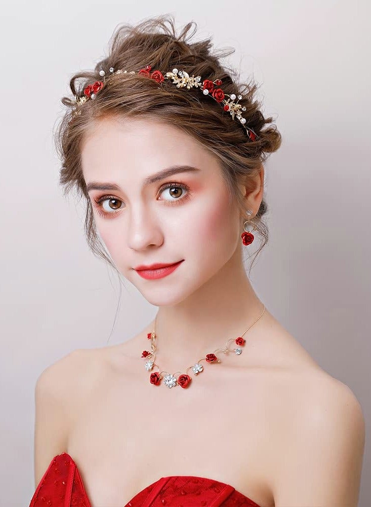 Excefore Red Crystal Headband,Princess Flower Headpiece,Bridal Wedding Queen Crowns and Tiaras,Princess Crown Headbands Headpiece Hair Jewelry for Wedding,Engagement - Image 4