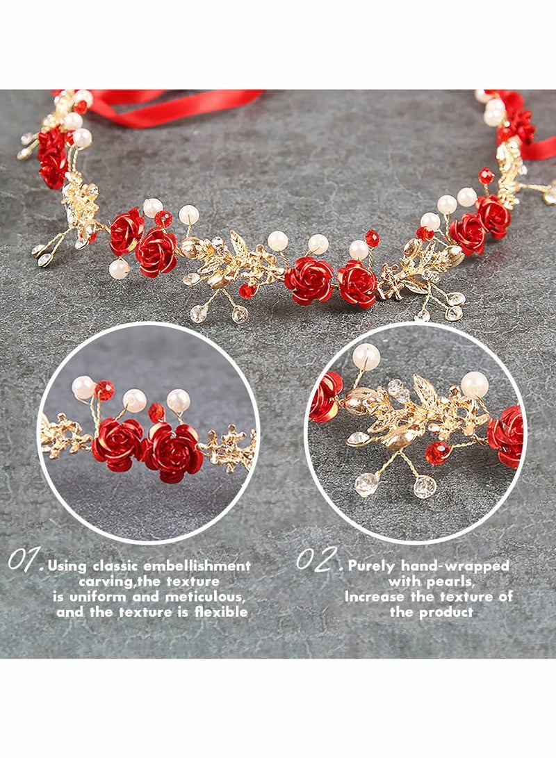 Excefore Red Crystal Headband,Princess Flower Headpiece,Bridal Wedding Queen Crowns and Tiaras,Princess Crown Headbands Headpiece Hair Jewelry for Wedding,Engagement - Image 3