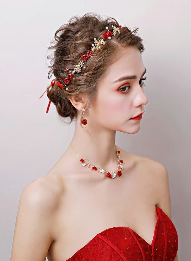 Excefore Red Crystal Headband,Princess Flower Headpiece,Bridal Wedding Queen Crowns and Tiaras,Princess Crown Headbands Headpiece Hair Jewelry for Wedding,Engagement - Image 2