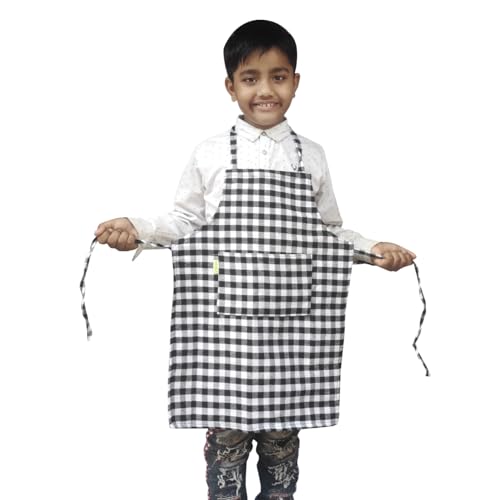 Switchon Waterproof Kids Multi Purpose Cooking Painting and School checkered kids Apron with Chef cap for 5 Yrs to 12 yrs (Black_White) - Image 2