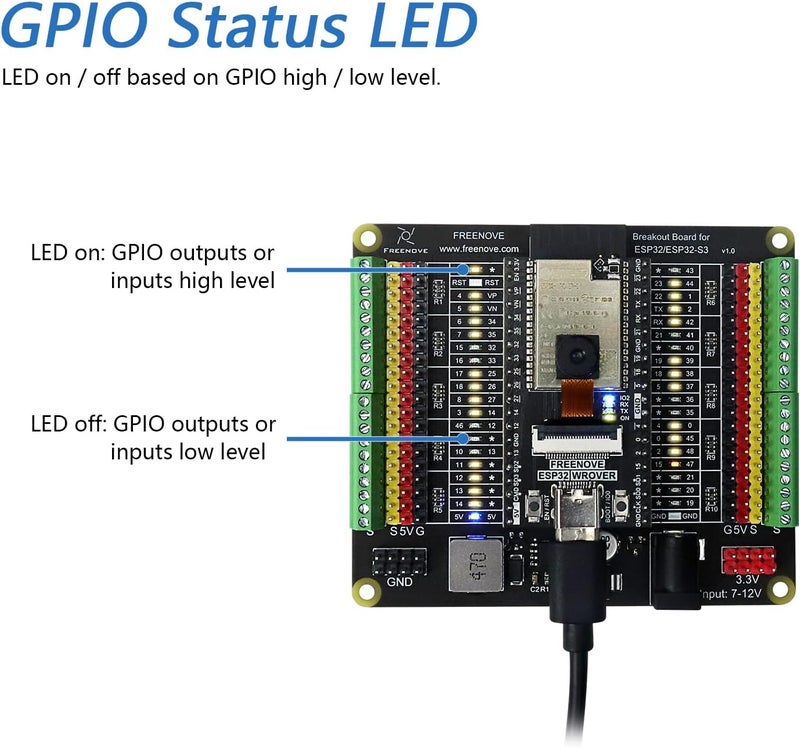 FREENOVE Breakout Board for ESP32/ESP32-S3 WROVER WROOM, Terminal Block Shield with Pin Header, 5V 3.3V Power Outputs, GPIO Status LED - Image 3
