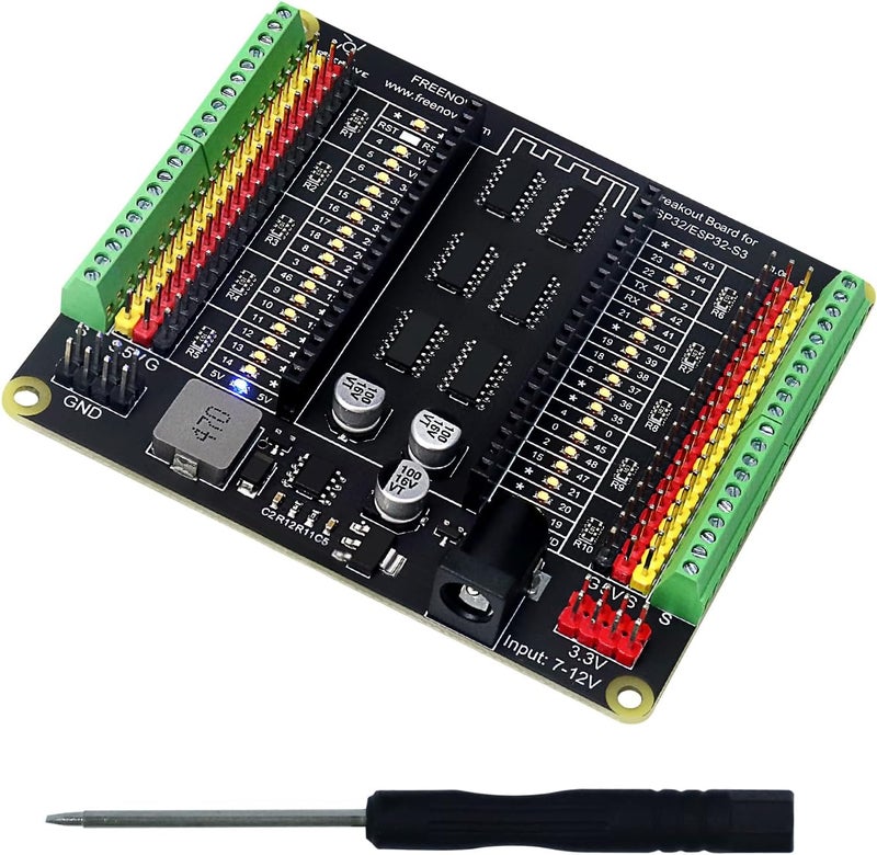 FREENOVE Breakout Board for ESP32/ESP32-S3 WROVER WROOM, Terminal Block Shield with Pin Header, 5V 3.3V Power Outputs, GPIO Status LED - Image 1