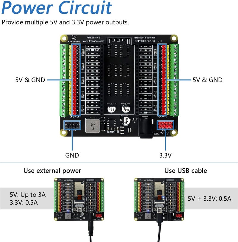 FREENOVE Breakout Board for ESP32/ESP32-S3 WROVER WROOM, Terminal Block Shield with Pin Header, 5V 3.3V Power Outputs, GPIO Status LED - Image 5