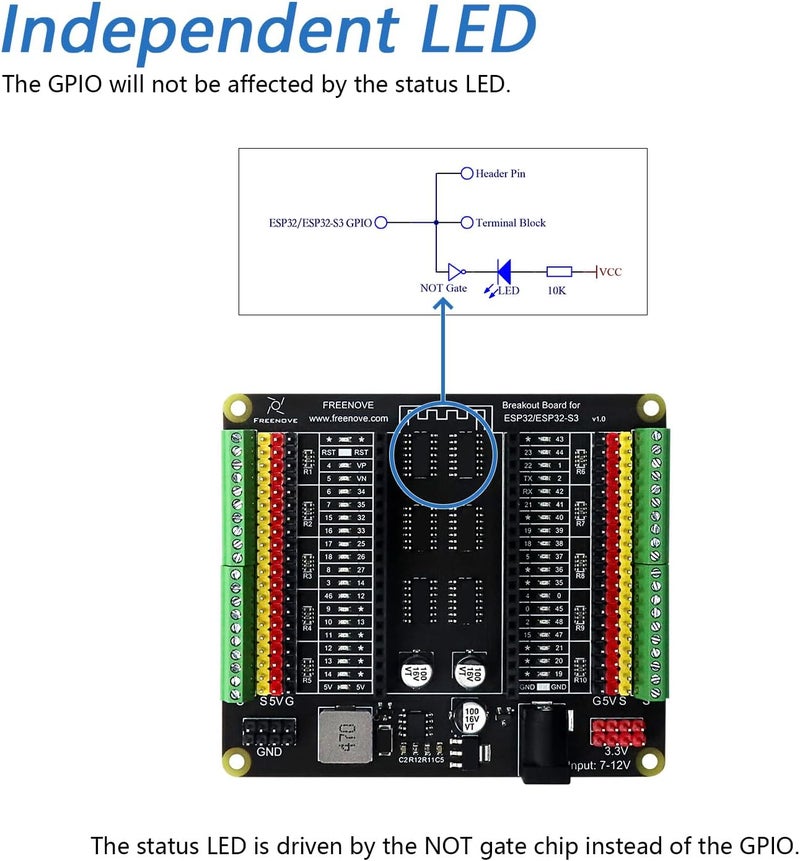 FREENOVE Breakout Board for ESP32/ESP32-S3 WROVER WROOM, Terminal Block Shield with Pin Header, 5V 3.3V Power Outputs, GPIO Status LED - Image 4