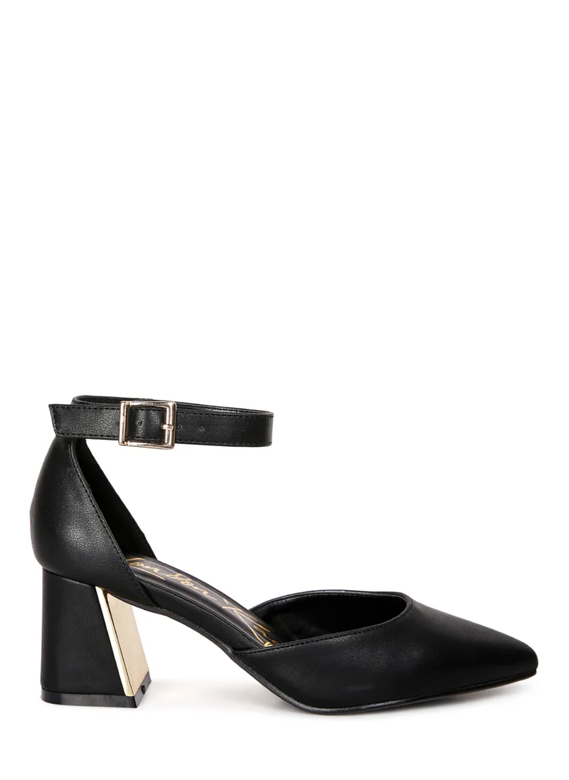 London Rag Black Faux Leather Metallic Accent Heeled Sandals