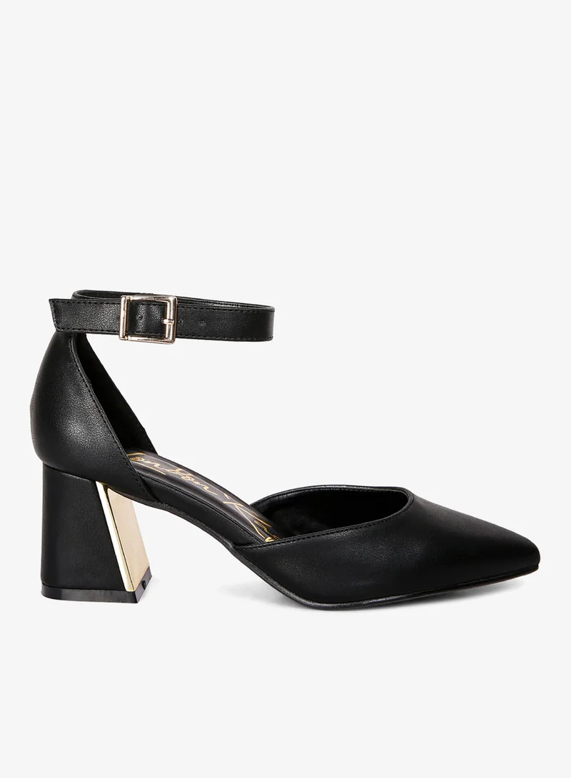 Black Faux Leather Metallic Accent Heeled Sandals