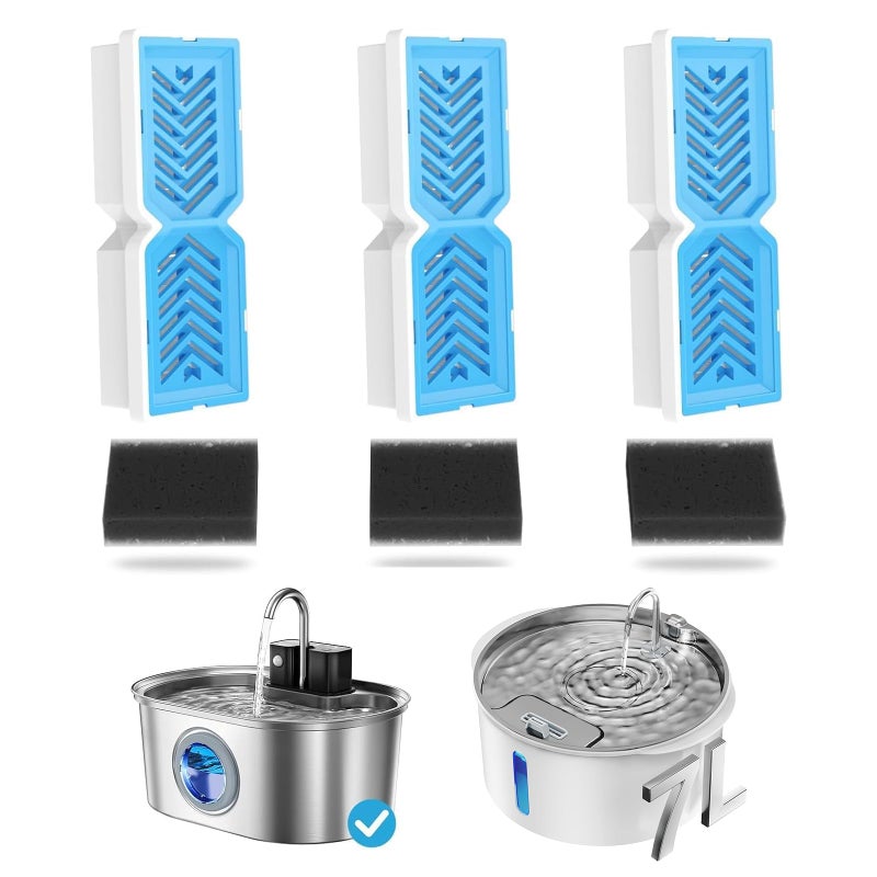 PEKTACO Replacement Water Fountain Filters with Pre-Filter Sponges, Compatible with 412 & 418 Pet Water Fountain, Fits 3.2L & 7L Pet Water Fountains - 3 Pack - Image 1