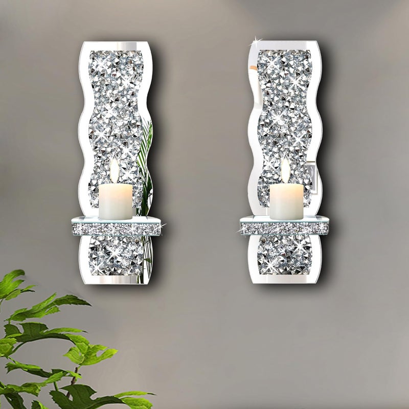 ZOLAPI Set of 2 Crystal Crush Diamond Candle Sconces Gorgeous Silver Mirrored Wall Sconce Wave Pattern Irregular Candle Holder Glass Wall Decorations for Home Dcor Living Room Dining Room