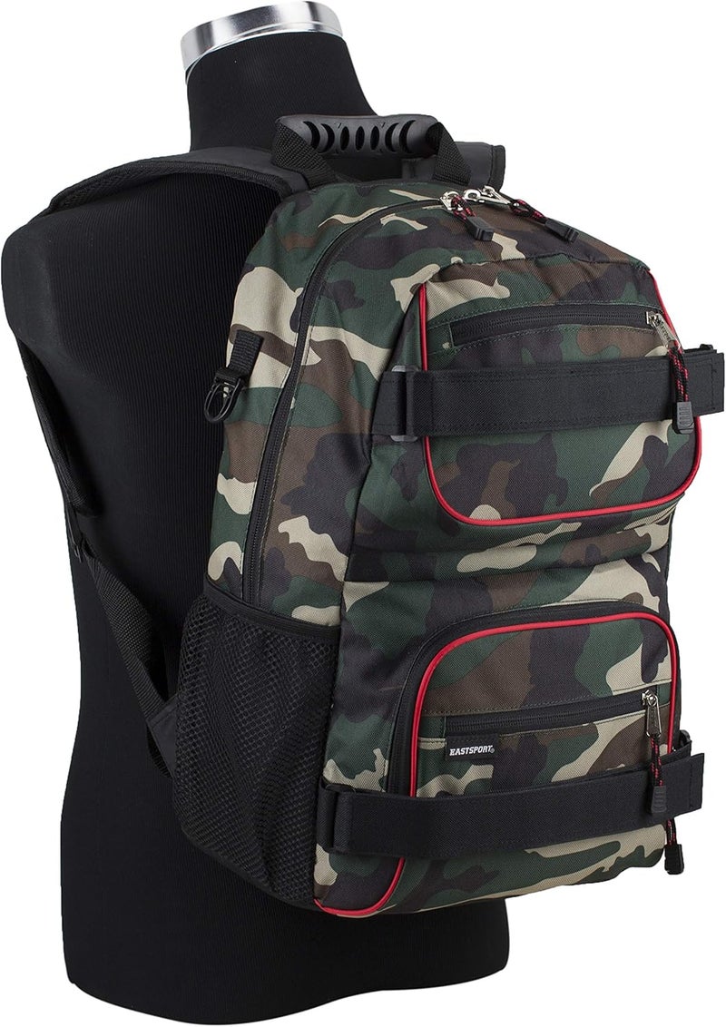 Eastsport Travel Skateboard Backpack Double Strap Laptop Bag Multi-Sport Design for Men and Women, Black Green Camo Red Trim - Image 4