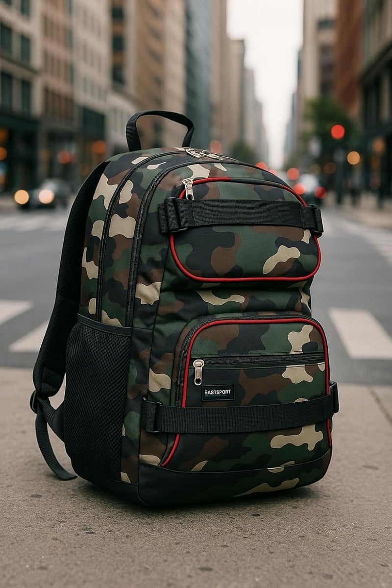 Eastsport Travel Skateboard Backpack Double Strap Laptop Bag Multi-Sport Design for Men and Women, Black Green Camo Red Trim - Image 2
