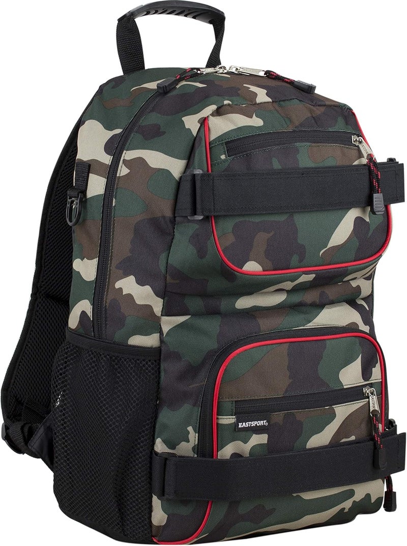 Eastsport Travel Skateboard Backpack Double Strap Laptop Bag Multi-Sport Design for Men and Women, Black Green Camo Red Trim - Image 1