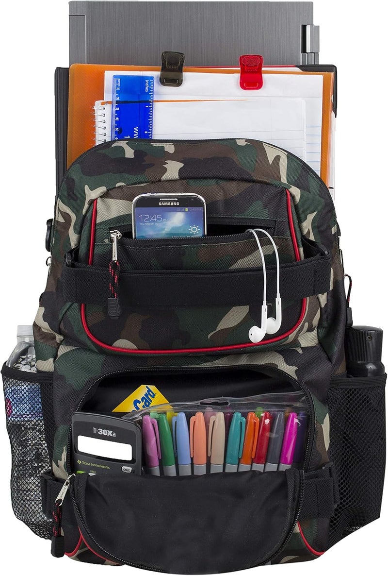 Eastsport Travel Skateboard Backpack Double Strap Laptop Bag Multi-Sport Design for Men and Women, Black Green Camo Red Trim - Image 5