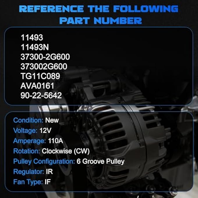 YOMALL Alternator 11493 for 2010-2012 Santa Fe 2.4L for 2011-2014 Sonata 2.0L for 2012-2013 Optima 2.0L for 2011-2012 Sorento 2.4L Vehicle Alternator 110Amp 6-Groove Pulley 11493N 37300-2G600 TG11C089 - Image 3