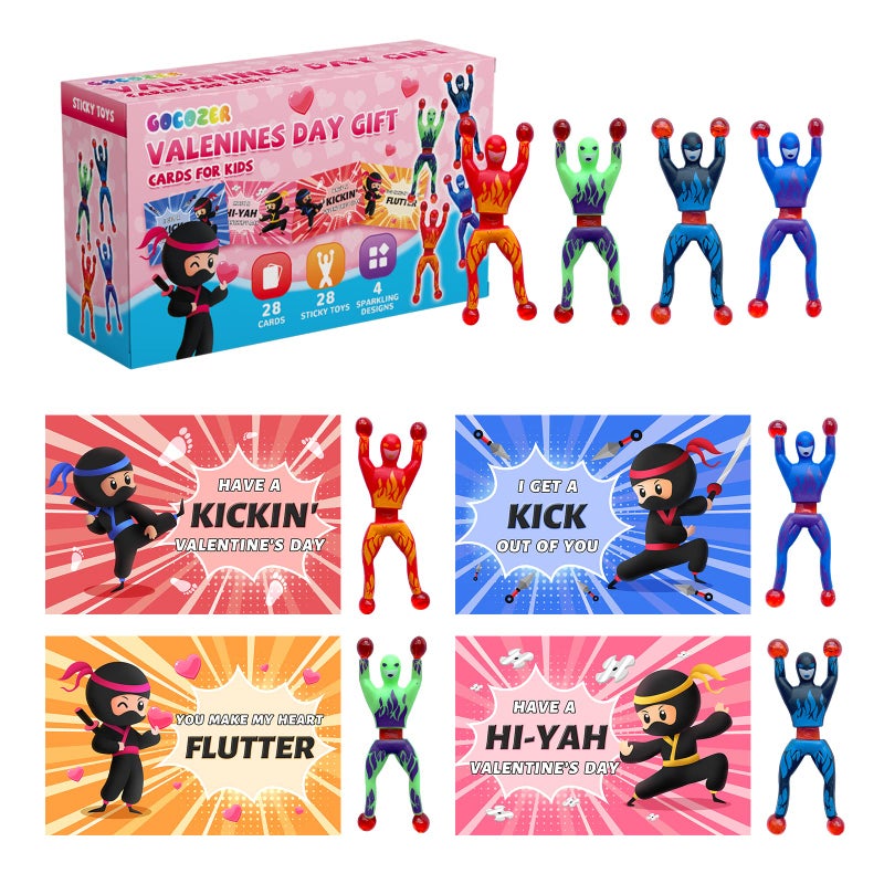 Gocozer Valentines Day Gifts for Kids 28 Pack Ninja Sticky Stress Relief Tricky Toys with Valentines Greeting Cards for Classroom Valentines Exchange Gifts ideas Preschool Valentine Gifts favors - Image 2
