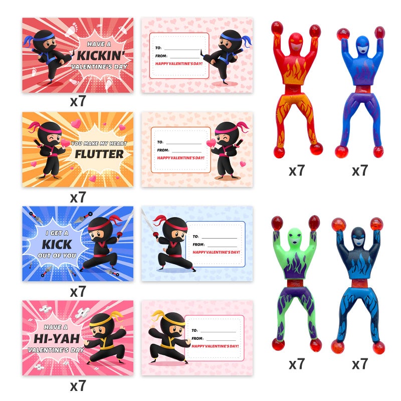 Gocozer Valentines Day Gifts for Kids 28 Pack Ninja Sticky Stress Relief Tricky Toys with Valentines Greeting Cards for Classroom Valentines Exchange Gifts ideas Preschool Valentine Gifts favors - Image 3