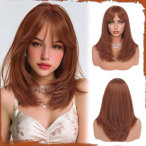 SOFEIYAN Long Straight Layered Wig Copper Wigs with Bangs 16 Inch Natural Looking Soft Heat Resistant Synthetic Medium Length Hair Auburn Brown Wigs for Women Daily Party Use - Image 1