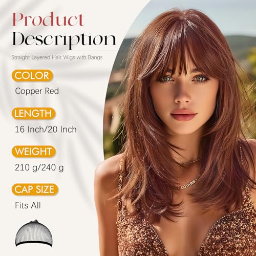 SOFEIYAN Long Straight Layered Wig Copper Wigs with Bangs 16 Inch Natural Looking Soft Heat Resistant Synthetic Medium Length Hair Auburn Brown Wigs for Women Daily Party Use - Image 3
