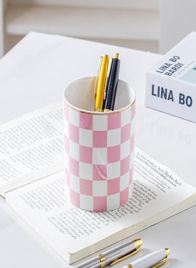 YOSCO Ceramic Checkered Pen Holder For Desk Cute Stand Gold Line Pencil Cup Pot Desk Organizer Makeup Brush Holder for Girls,Women (Pink-white) - Image 2