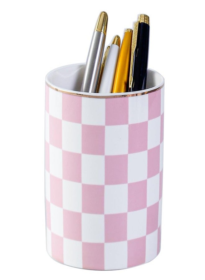 YOSCO Ceramic Checkered Pen Holder For Desk Cute Stand Gold Line Pencil Cup Pot Desk Organizer Makeup Brush Holder for Girls,Women (Pink-white) - Image 1