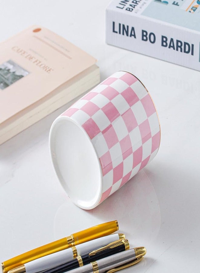 YOSCO Ceramic Checkered Pen Holder For Desk Cute Stand Gold Line Pencil Cup Pot Desk Organizer Makeup Brush Holder for Girls,Women (Pink-white) - Image 4