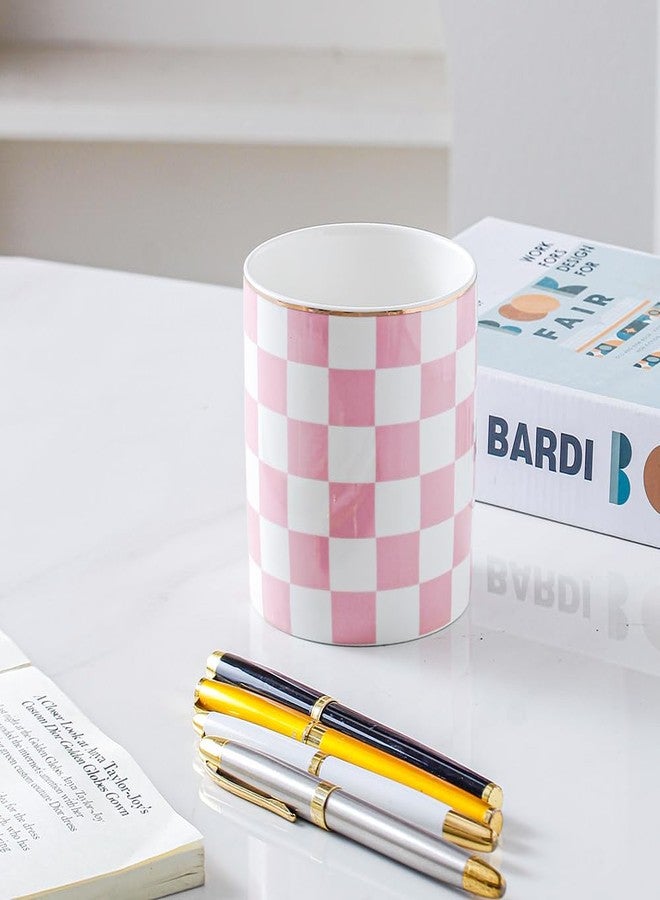 YOSCO Ceramic Checkered Pen Holder For Desk Cute Stand Gold Line Pencil Cup Pot Desk Organizer Makeup Brush Holder for Girls,Women (Pink-white) - Image 3