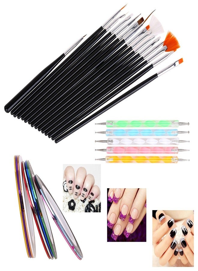 Gugzy® Nail Art Paint Kit, 15 Pieces Nail Art Paint Brushes With 5 Pieces 2 Way Marbleizing Dotting Pen And 10 Pieces Assorted Colors Nail Striping Tape (Black Silver) - Image 1