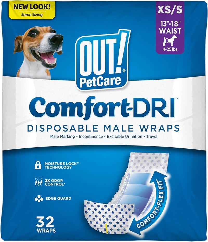 Out PetCare Disposable Male Dog Wraps Male Wraps for Dogs Pee Wraps Belly Bands for Dogs Leak Proof Wetness Indicator Puppy and Doggie Diaper for Peeing XSSmall 32 Count - Image 1