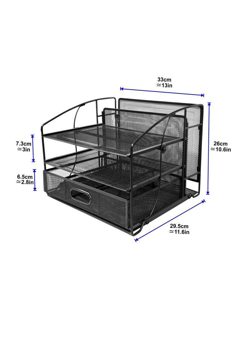 ZENMENTS - 3 Tier Mesh Desk Organiser, 3 Tray With Sliding Drawer and Hanging File Holder, Office Supplies Organiser, Black, HTC-ZEN-274. - Image 1