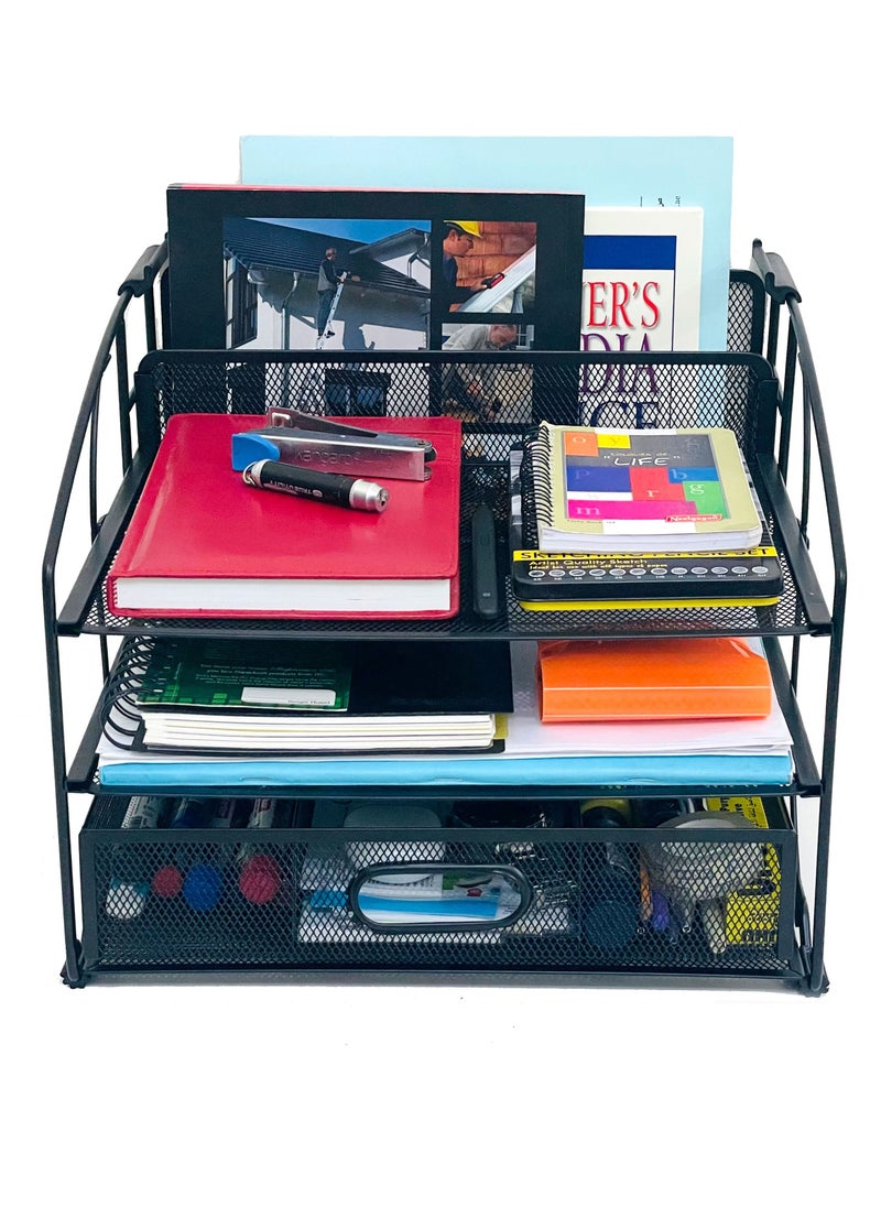 ZENMENTS - 3 Tier Mesh Desk Organiser, 3 Tray With Sliding Drawer and Hanging File Holder, Office Supplies Organiser, Black, HTC-ZEN-274. - Image 1