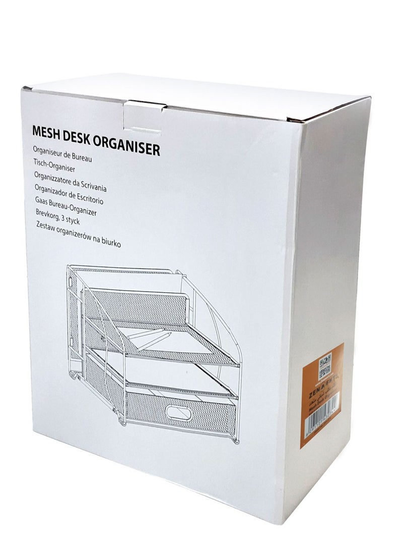 ZENMENTS - 3 Tier Mesh Desk Organiser, 3 Tray With Sliding Drawer and Hanging File Holder, Office Supplies Organiser, Black, HTC-ZEN-274. - Image 1
