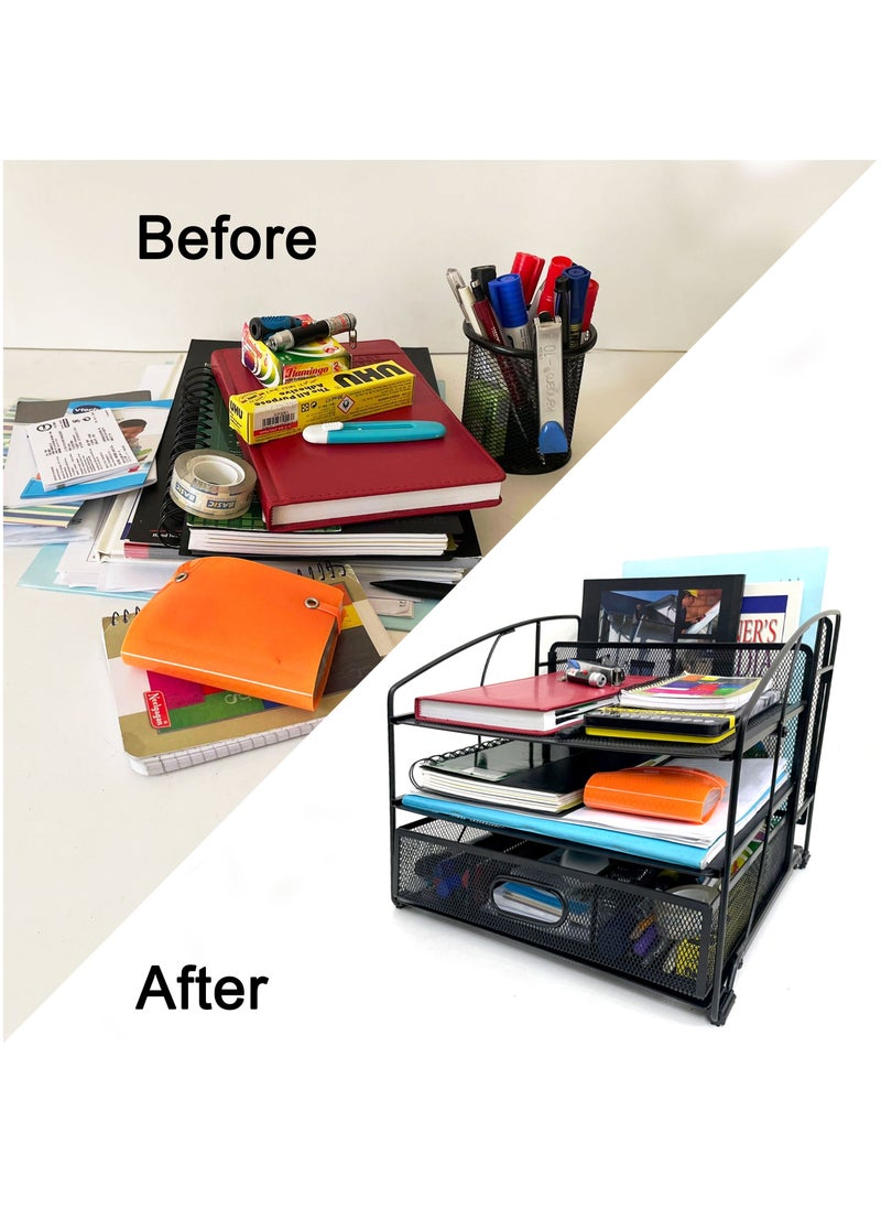 ZENMENTS - 3 Tier Mesh Desk Organiser, 3 Tray With Sliding Drawer and Hanging File Holder, Office Supplies Organiser, Black, HTC-ZEN-274. - Image 1