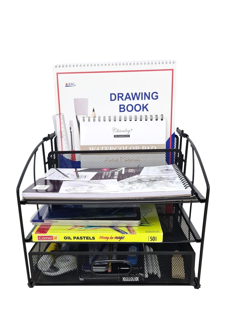 ZENMENTS - 3 Tier Mesh Desk Organiser, 3 Tray With Sliding Drawer and Hanging File Holder, Office Supplies Organiser, Black, HTC-ZEN-274. - Image 1