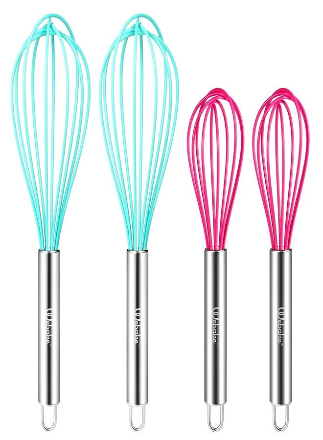 Webake 8 Inch and 10 Inch Silicone Whisk Set of 4, Egg Beater Whisk Balloon Egg Sauce Whisk with 6 Wires, French Whisk Stainless Steel Mini Silicone Whisk for Nonstick Cookware,Solid Color - Image 1