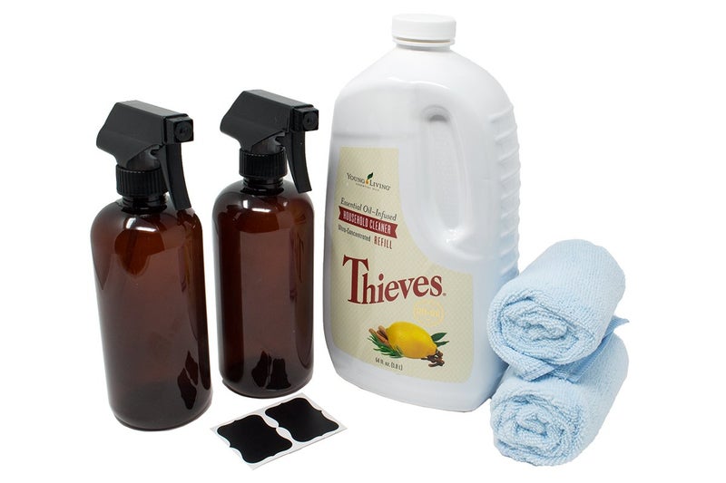 Young Living Thieves Cleaner Kit – Includes Young Living Thieves Cleaner 64 fl.oz, (2) Plastic Amber Spray Bottles 16oz (PET #1 – BPA Free) w/Reusable (2) Chalk Labels, and (2) Microfiber Cloths - Image 1