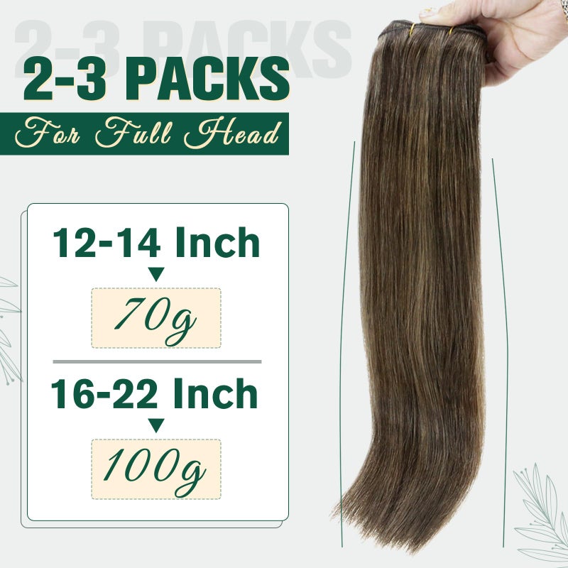 RUNATURE Sew in Hair Extensions Real Human Hair, Brown Highlight Weft Hair Extensions, Weft Human Hair Extension Sew in Real Remy Hair, Full Head, Thick Natural Hair, 14 Inch 100g - Image 4