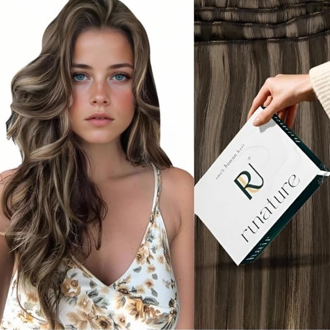 RUNATURE Sew in Hair Extensions Real Human Hair, Brown Highlight Weft Hair Extensions, Weft Human Hair Extension Sew in Real Remy Hair, Full Head, Thick Natural Hair, 14 Inch 100g - Image 1