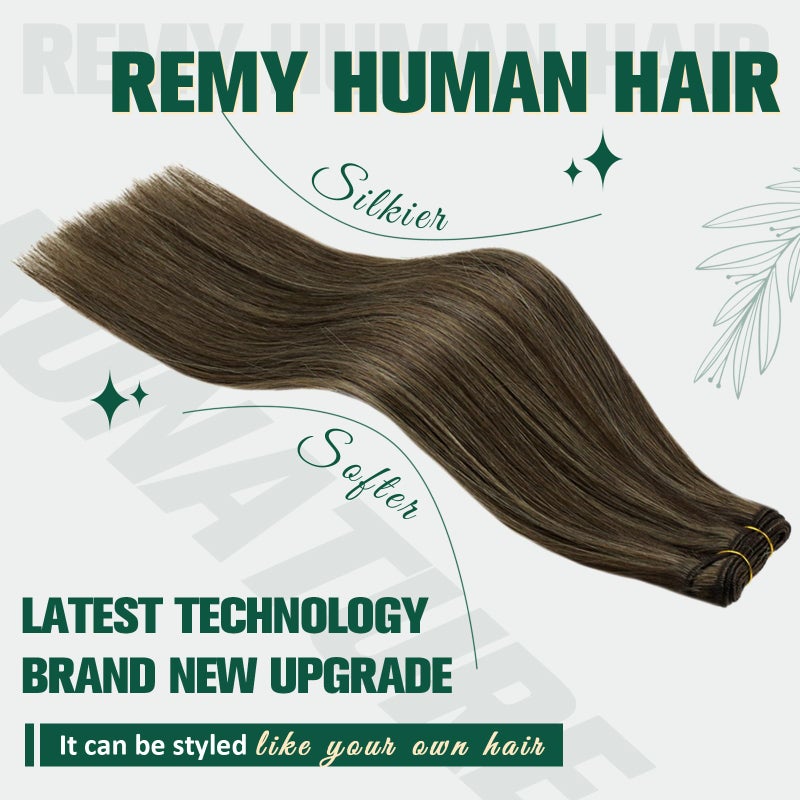 RUNATURE Sew in Hair Extensions Real Human Hair, Brown Highlight Weft Hair Extensions, Weft Human Hair Extension Sew in Real Remy Hair, Full Head, Thick Natural Hair, 14 Inch 100g - Image 3