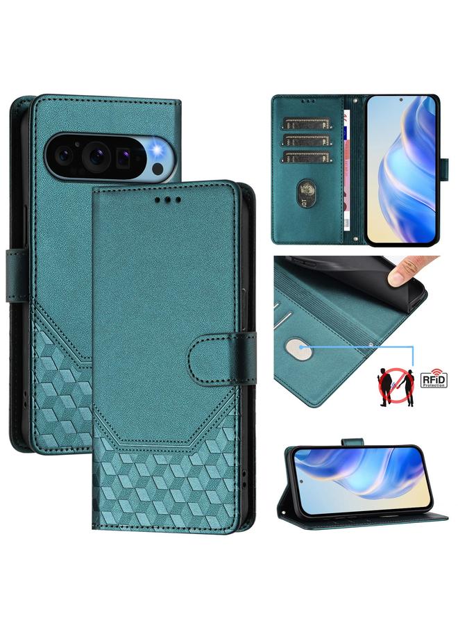 Zaboon For Google Pixel 9 / 9 Pro Honeycomb Embossing RFID Leather Phone Case(Peacock Green)