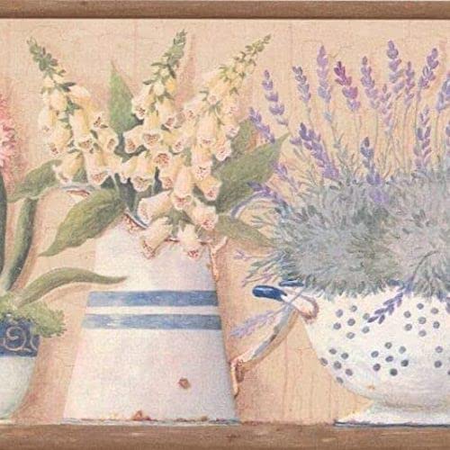 CONCORD WALLCOVERINGS Retro Garden Wallpaper Border Featuring Lavenders Poppies Plants Vases Colors Blue Purple Yellow Green Size 75 Inches by 15 Feet AAI08013B