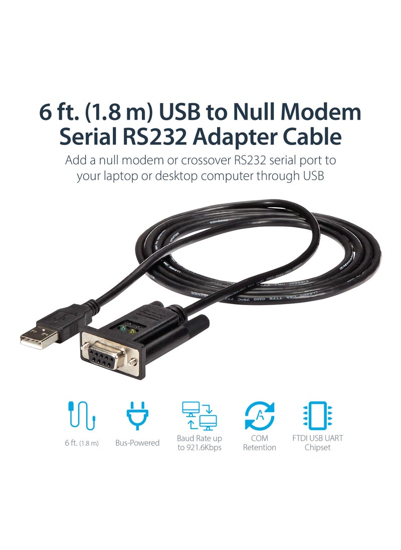 Startech.com StarTech.com 6ft (1.8m) 1-Port USB to Serial RS232 Adapter, FTDI DB9 Serial DCE Adapter Cable, Null Modem, USB 2.0 - TAA  - Image 2