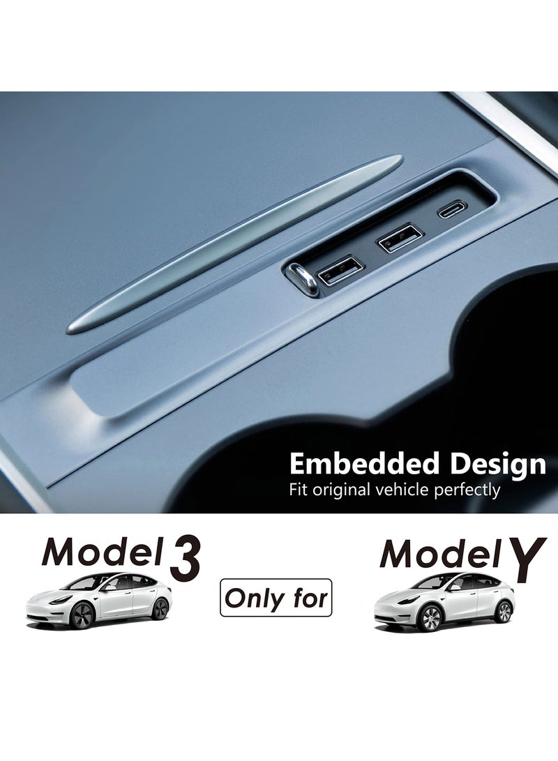 USB C Docking Station for Tesla Model Y / 3 Center Console Smart LED Multiport HUB Charger Adapter Splitter Extension Accessories with Sliding Cap, PD Fast Charge Port