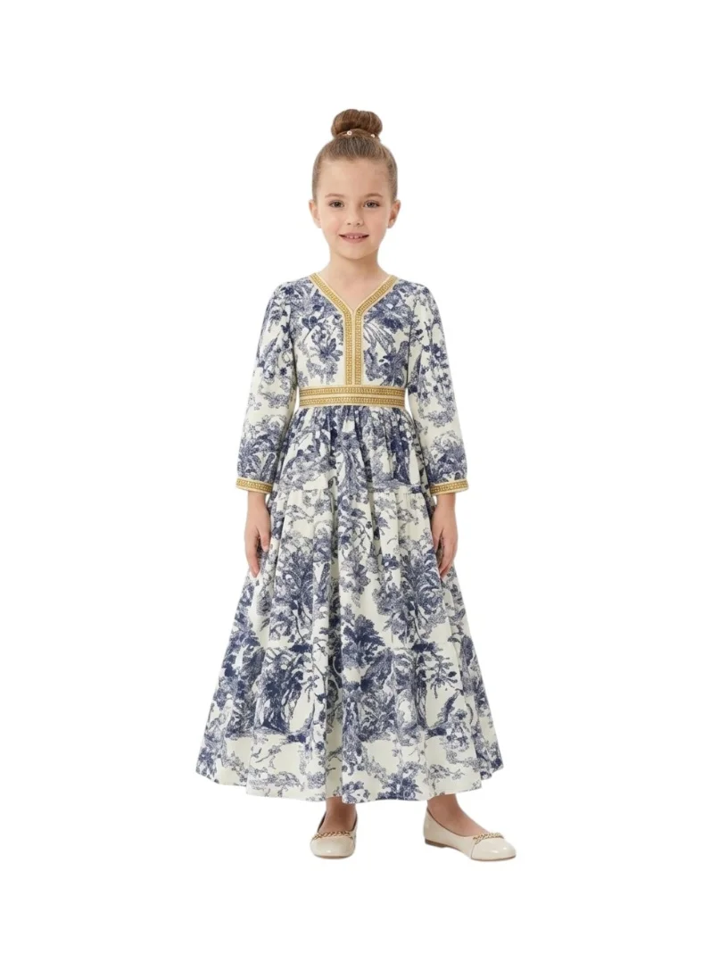 بيداني Ornate Blue Pattern Jalabiya with Gold Trim Detail